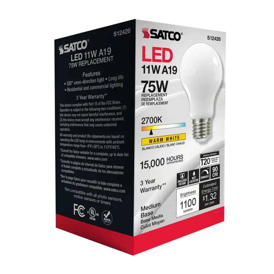 11 Watt A19 LED Filament - Soft White - Medium Base - 2700K - 90 CRI - 120 Volt - Image 8