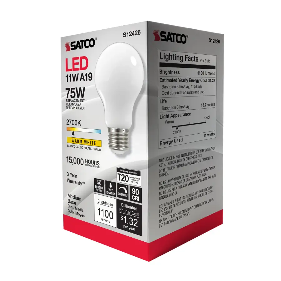 11 Watt A19 LED Filament - Soft White - Medium Base - 2700K - 90 CRI - 120 Volt - Image 9