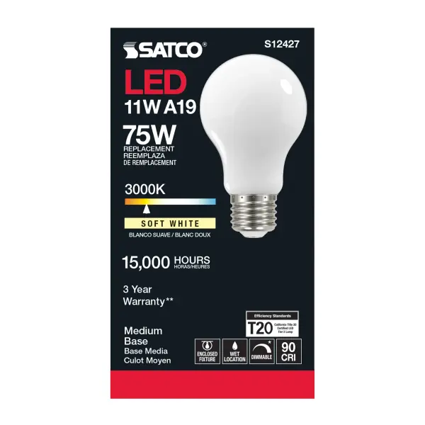 11 Watt A19 LED Filament - Soft White - Medium Base - 3000K - 90 CRI - 120 Volt - Image 3