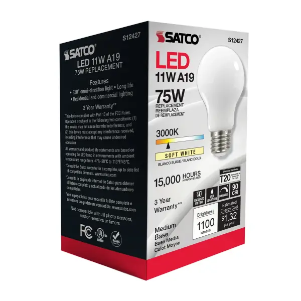 11 Watt A19 LED Filament - Soft White - Medium Base - 3000K - 90 CRI - 120 Volt - Image 8