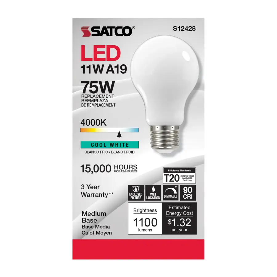 11 Watt A19 LED Filament - Soft White - Medium Base - 4000K - 90 CRI - 120 Volt - Image 2