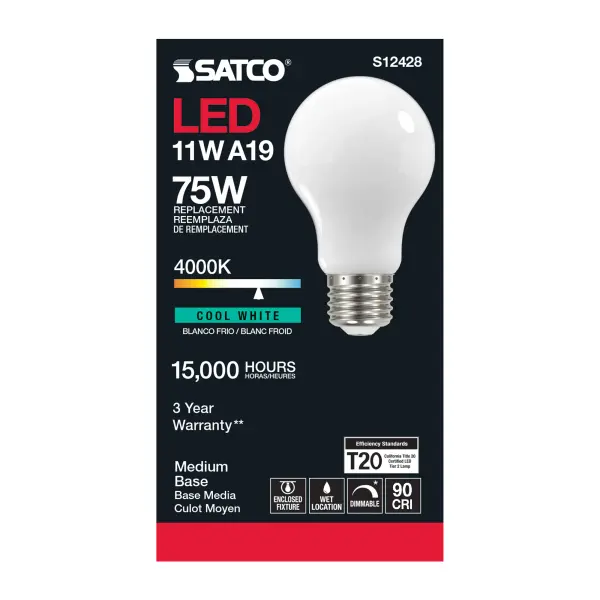11 Watt A19 LED Filament - Soft White - Medium Base - 4000K - 90 CRI - 120 Volt - Image 3