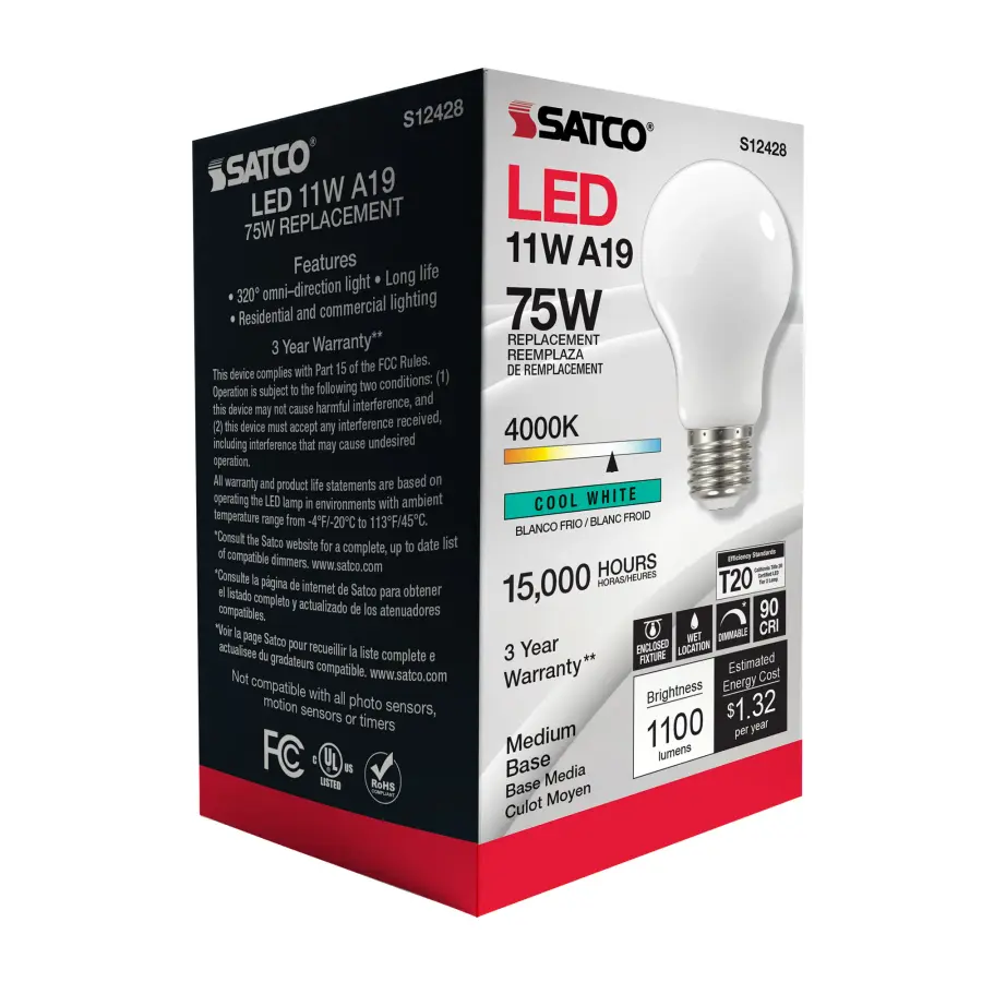 11 Watt A19 LED Filament - Soft White - Medium Base - 4000K - 90 CRI - 120 Volt - Image 8