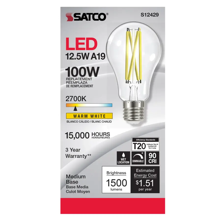 12.5 Watt A19 LED Filament - Clear - Medium Base - 2700K - 90 CRI - 120 Volt - Image 2