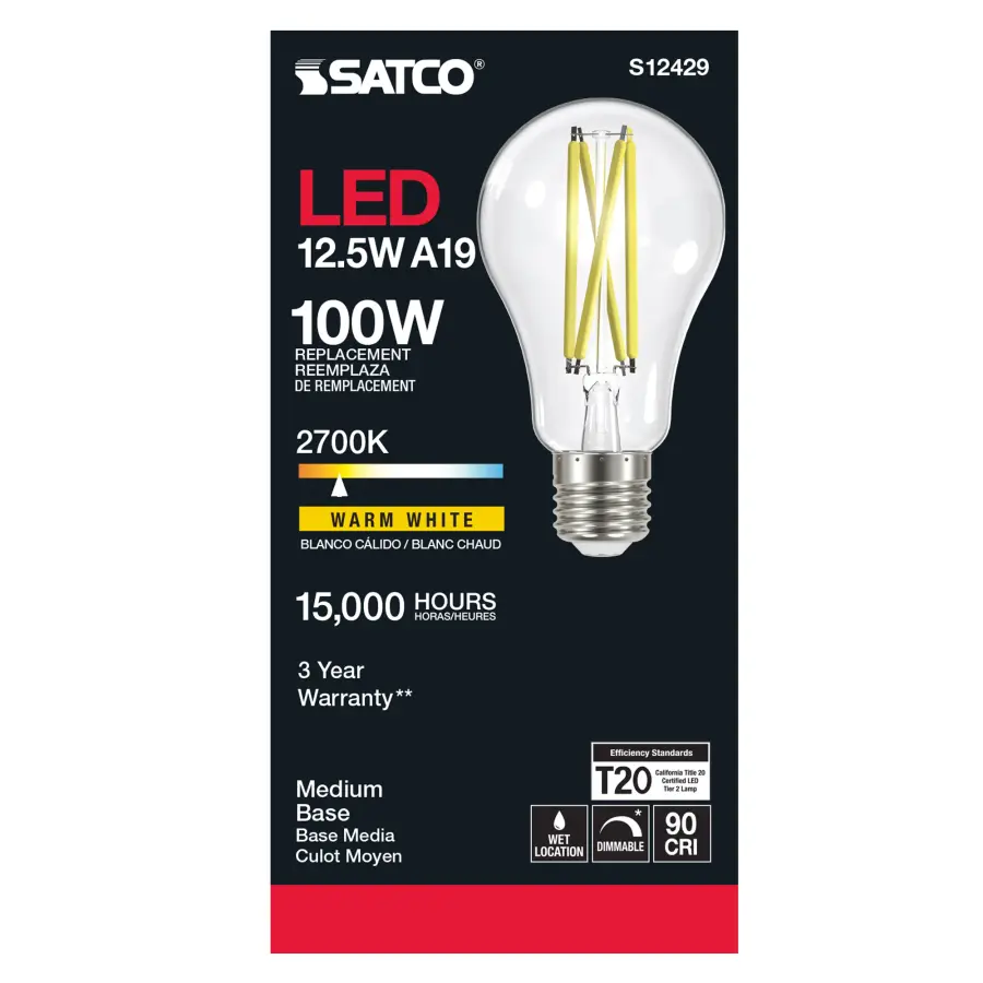 12.5 Watt A19 LED Filament - Clear - Medium Base - 2700K - 90 CRI - 120 Volt - Image 3