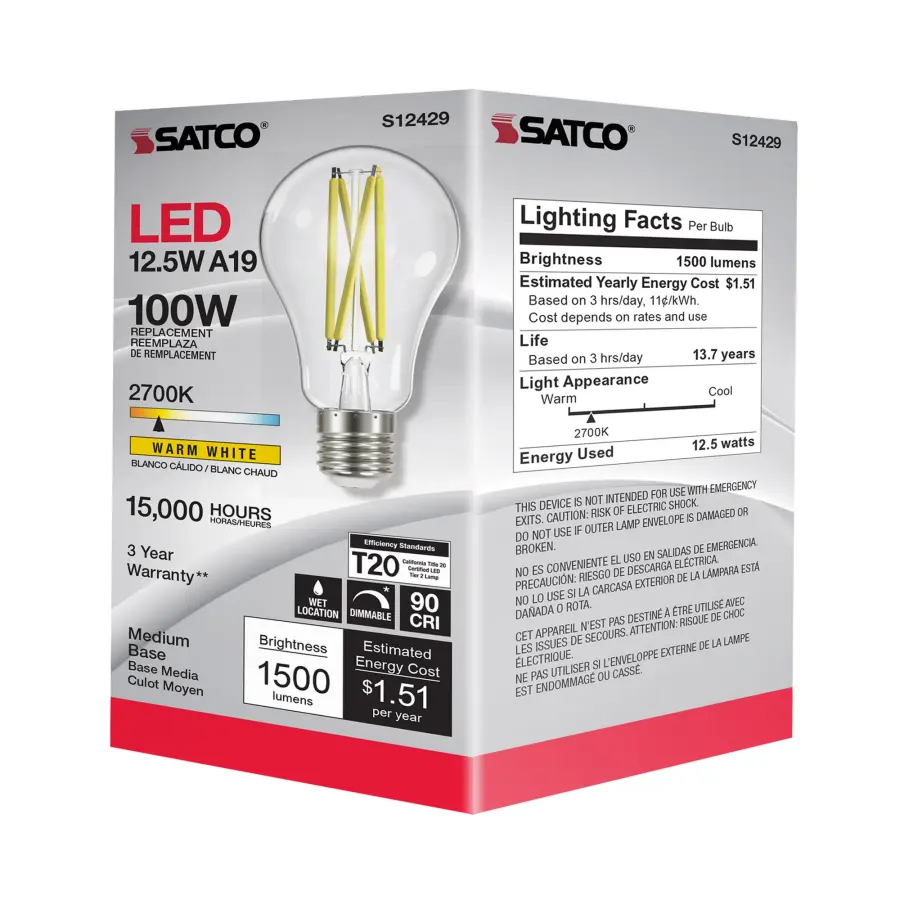 12.5 Watt A19 LED Filament - Clear - Medium Base - 2700K - 90 CRI - 120 Volt - Image 9