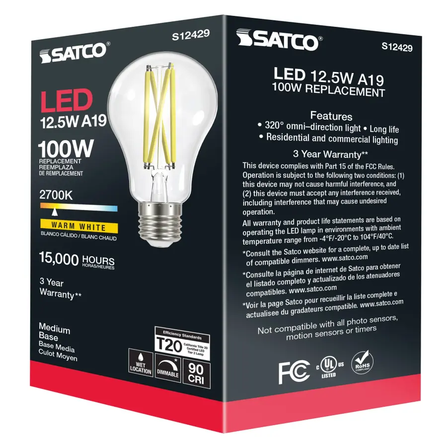 12.5 Watt A19 LED Filament - Clear - Medium Base - 2700K - 90 CRI - 120 Volt - Image 10