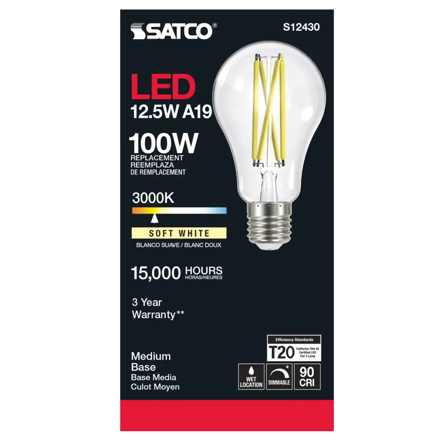 12.5 Watt A19 LED Filament - Clear - Medium Base - 3000K - 90 CRI - 120 Volt - Image 3