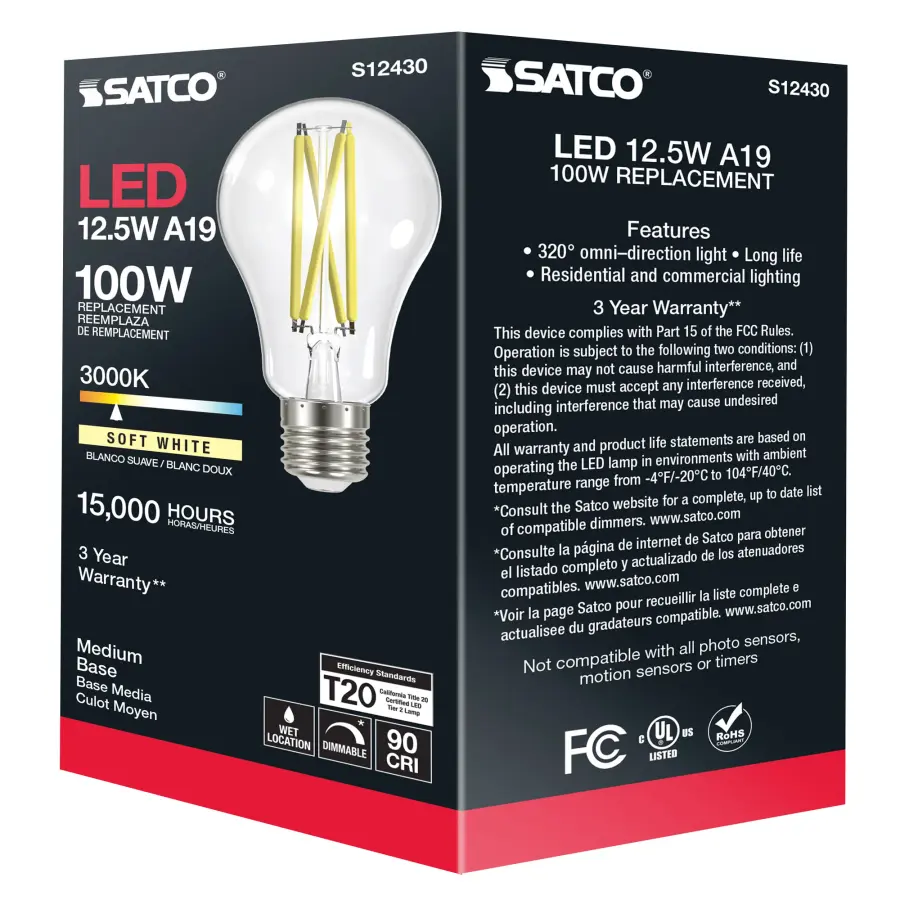 12.5 Watt A19 LED Filament - Clear - Medium Base - 3000K - 90 CRI - 120 Volt - Image 10