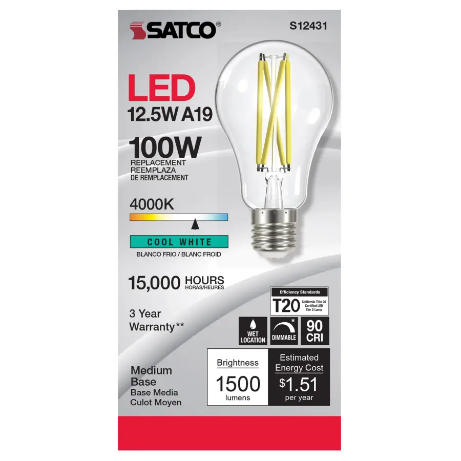 12.5 Watt A19 LED Filament - Clear - Medium Base - 4000K - 90 CRI - 120 Volt - Image 2