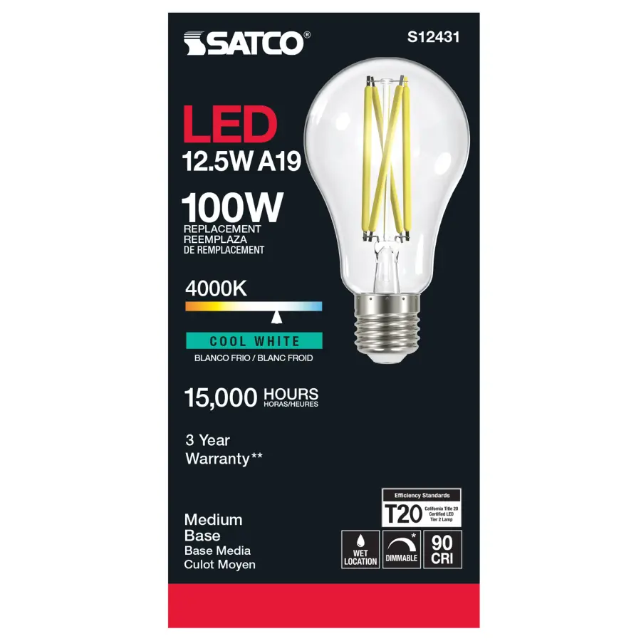 12.5 Watt A19 LED Filament - Clear - Medium Base - 4000K - 90 CRI - 120 Volt - Image 3