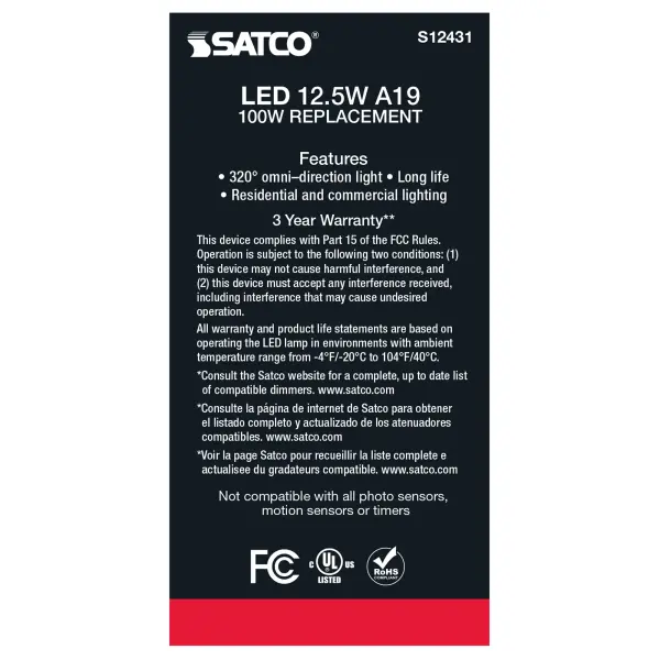 12.5 Watt A19 LED Filament - Clear - Medium Base - 4000K - 90 CRI - 120 Volt - Image 5