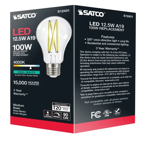 12.5 Watt A19 LED Filament - Clear - Medium Base - 4000K - 90 CRI - 120 Volt - Image 10