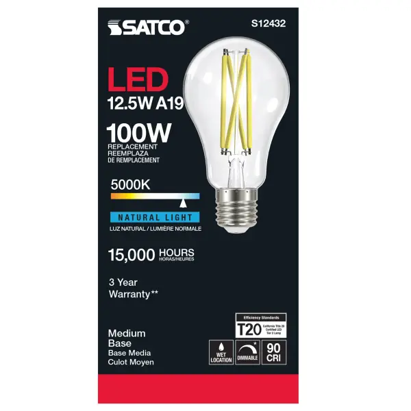 12.5 Watt A19 LED Filament - Clear - Medium Base - 5000K - 90 CRI - 120 Volt - Image 3