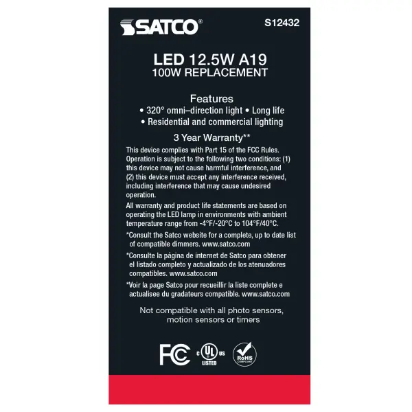 12.5 Watt A19 LED Filament - Clear - Medium Base - 5000K - 90 CRI - 120 Volt - Image 4