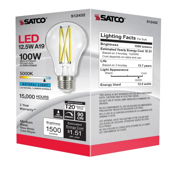 12.5 Watt A19 LED Filament - Clear - Medium Base - 5000K - 90 CRI - 120 Volt - Image 9