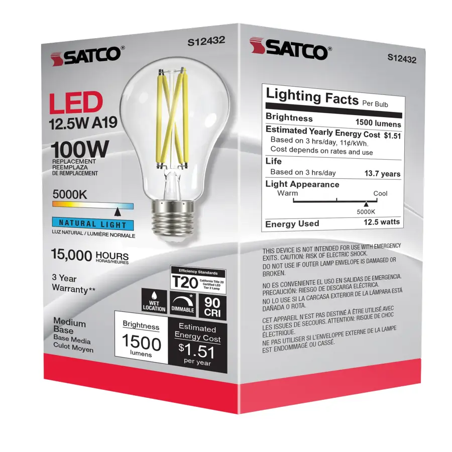 12.5 Watt A19 LED Filament - Clear - Medium Base - 5000K - 90 CRI - 120 Volt - Image 9