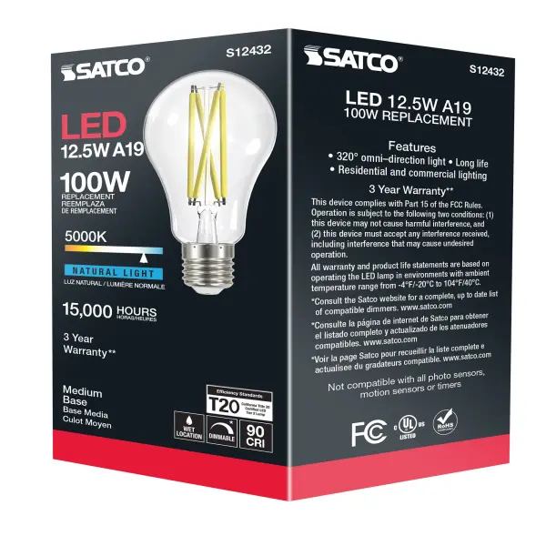 12.5 Watt A19 LED Filament - Clear - Medium Base - 5000K - 90 CRI - 120 Volt - Image 10