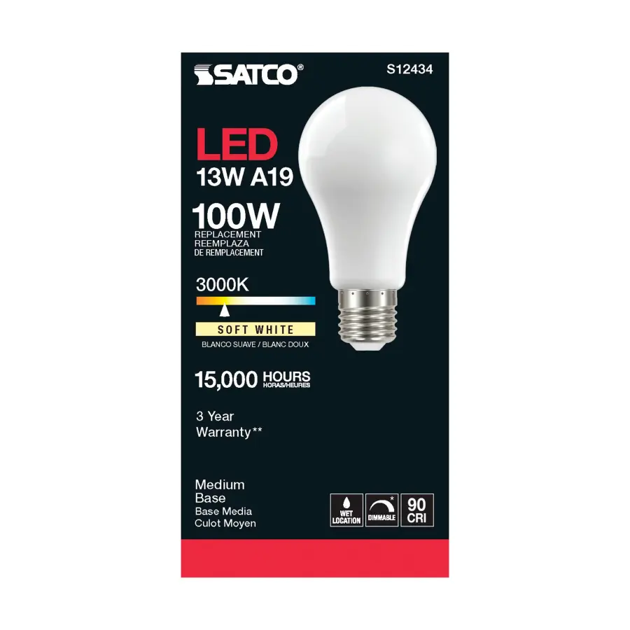 13.5 Watt A19 LED Filament - Soft White - Medium Base - 3000K - 90 CRI - 120 Volt - Image 3