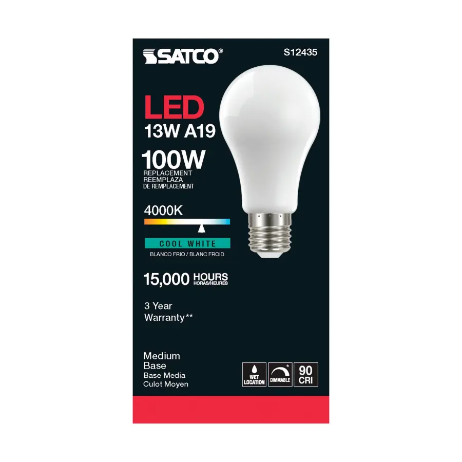 13.5 Watt A19 LED Filament - Soft White - Medium Base - 4000K - 90 CRI - 120 Volt - Image 3