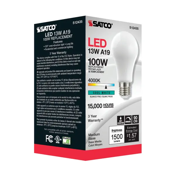 13.5 Watt A19 LED Filament - Soft White - Medium Base - 4000K - 90 CRI - 120 Volt - Image 4
