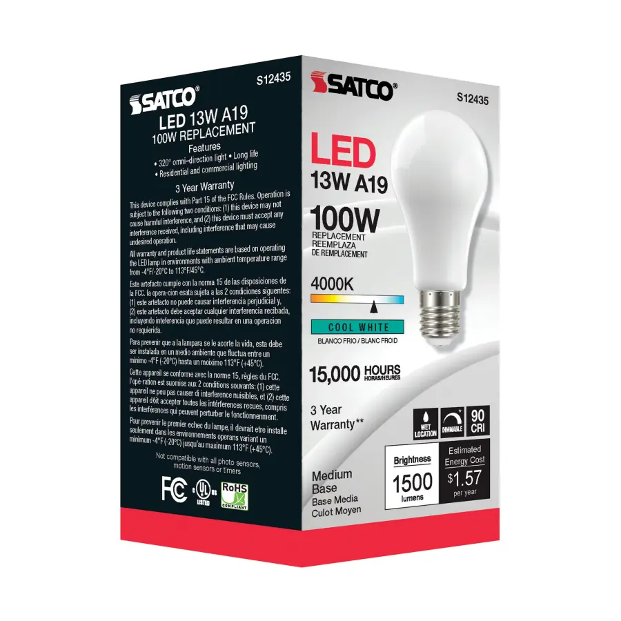 13.5 Watt A19 LED Filament - Soft White - Medium Base - 4000K - 90 CRI - 120 Volt - Image 4