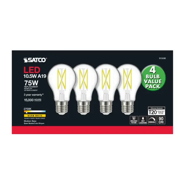 10.5 Watt A19 LED Filament - 75 Watt Replacement - Clear - Medium base - 2700K - 120 Volt - 4-Pack - Image 3