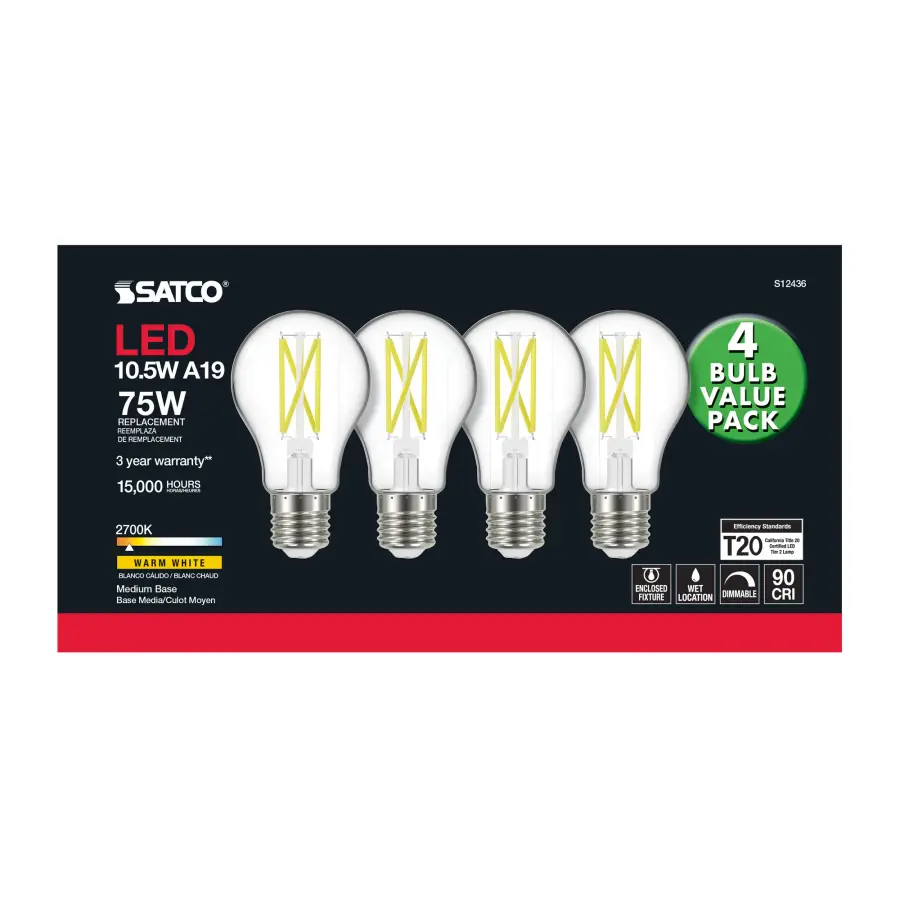 10.5 Watt A19 LED Filament - 75 Watt Replacement - Clear - Medium base - 2700K - 120 Volt - 4-Pack - Image 3