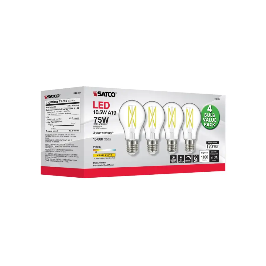 10.5 Watt A19 LED Filament - 75 Watt Replacement - Clear - Medium base - 2700K - 120 Volt - 4-Pack - Image 6