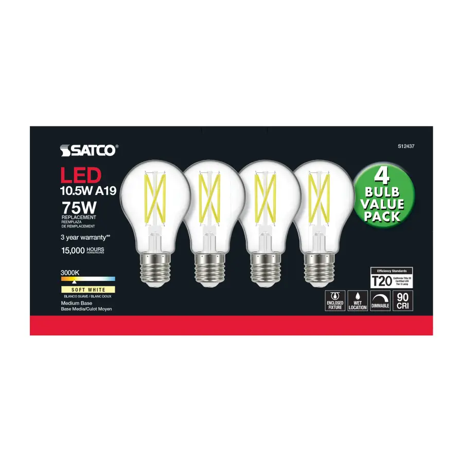 10.5 Watt A19 LED Filament - 75 Watt Replacement - Clear - Medium base - 3000K - 120 Volt - 4-Pack - Image 3