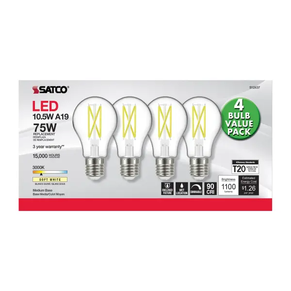 10.5 Watt A19 LED Filament - 75 Watt Replacement - Clear - Medium base - 3000K - 120 Volt - 4-Pack - Image 4