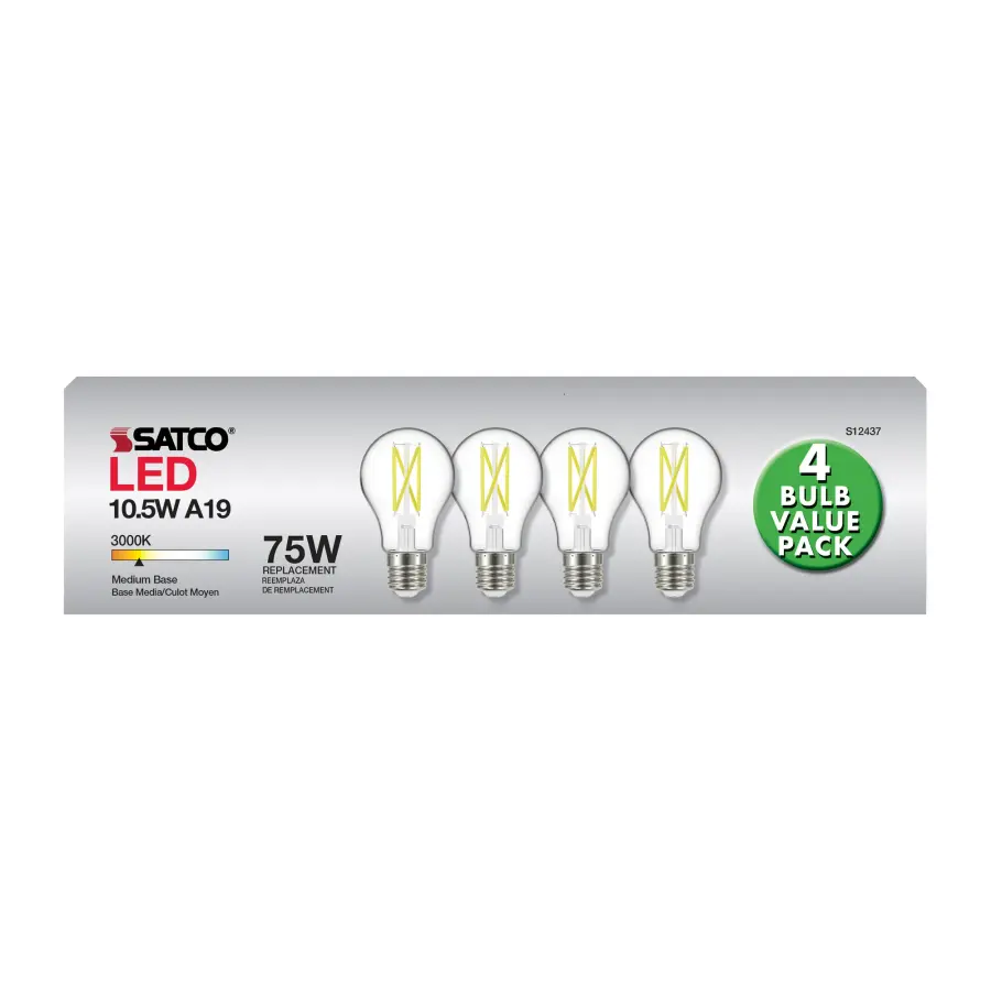 10.5 Watt A19 LED Filament - 75 Watt Replacement - Clear - Medium base - 3000K - 120 Volt - 4-Pack - Image 9