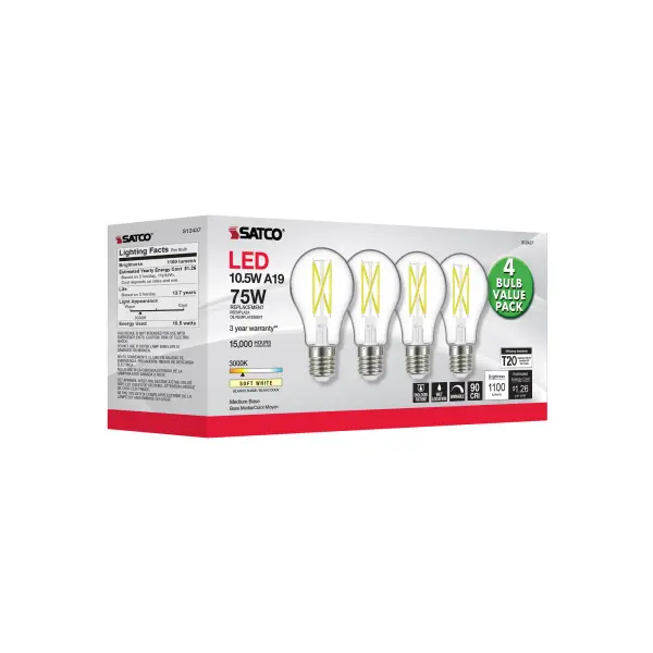 10.5 Watt A19 LED Filament - 75 Watt Replacement - Clear - Medium base - 3000K - 120 Volt - 4-Pack - Image 10