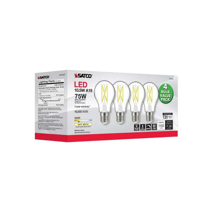 10.5 Watt A19 LED Filament - 75 Watt Replacement - Clear - Medium base - 3000K - 120 Volt - 4-Pack - Image 10