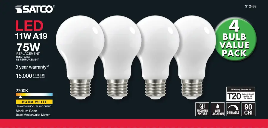 11 Watt A19 LED Filament - 75 Watt Replacement - Soft White - Medium base - 2700K - 120 Volt - 4-Pack - Image 4