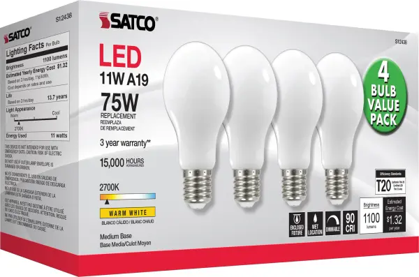 11 Watt A19 LED Filament - 75 Watt Replacement - Soft White - Medium base - 2700K - 120 Volt - 4-Pack - Image 6