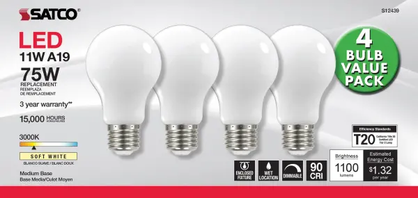 11 Watt A19 LED Filament - 75 Watt Replacement - Soft White - Medium base - 3000K - 120 Volt - 4-Pack - Image 3