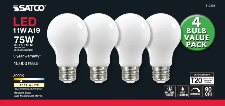 11 Watt A19 LED Filament - 75 Watt Replacement - Soft White - Medium base - 3000K - 120 Volt - 4-Pack - Image 4