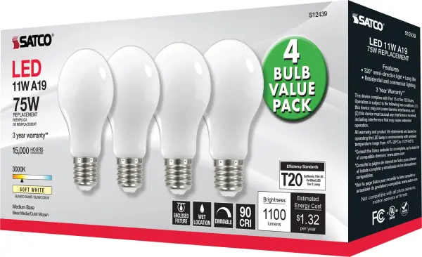 11 Watt A19 LED Filament - 75 Watt Replacement - Soft White - Medium base - 3000K - 120 Volt - 4-Pack - Image 5