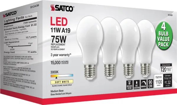 11 Watt A19 LED Filament - 75 Watt Replacement - Soft White - Medium base - 3000K - 120 Volt - 4-Pack - Image 6