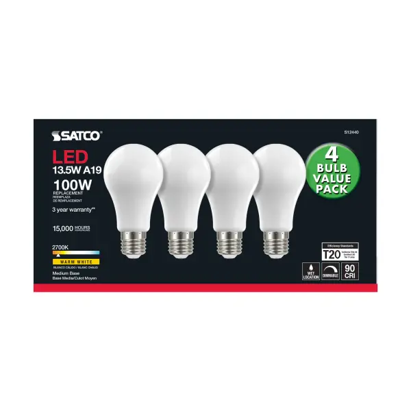 13.5 Watt A19 LED Filament - 100 Watt Replacement - Soft White - Medium base - 2700K - 120 Volt - 4-Pack - Image 4