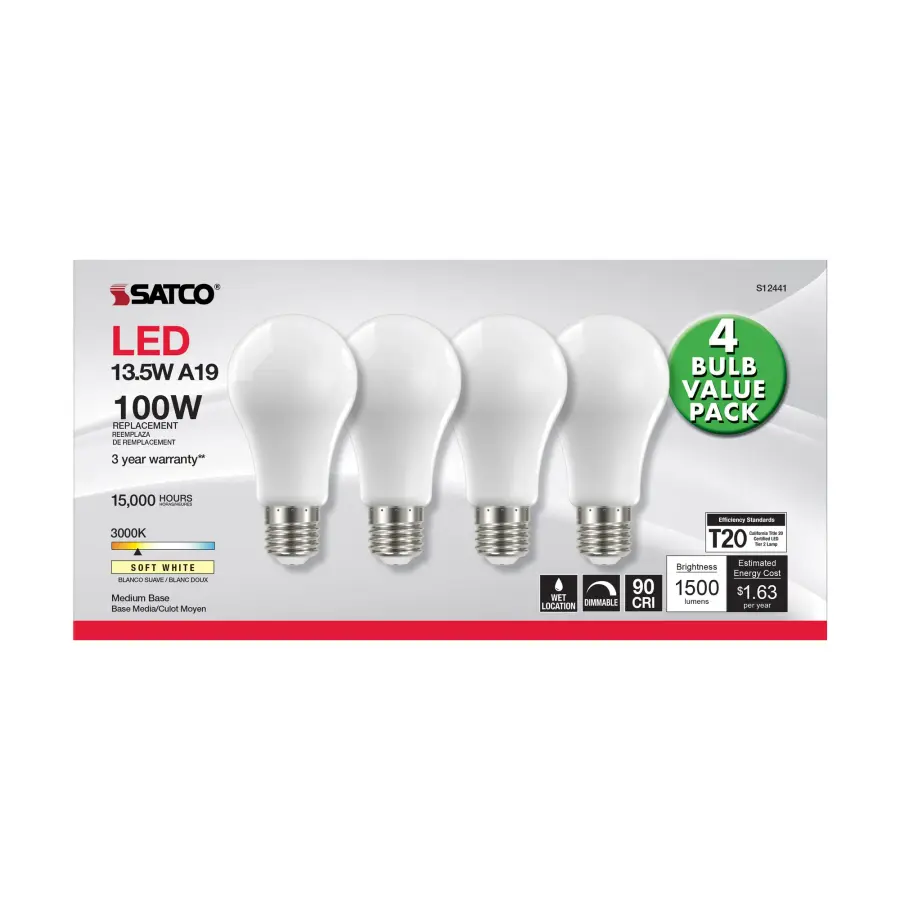 13.5 Watt A19 LED Filament - 100 Watt Replacement - Soft White - Medium base - 3000K - 120 Volt - 4-Pack - Image 3