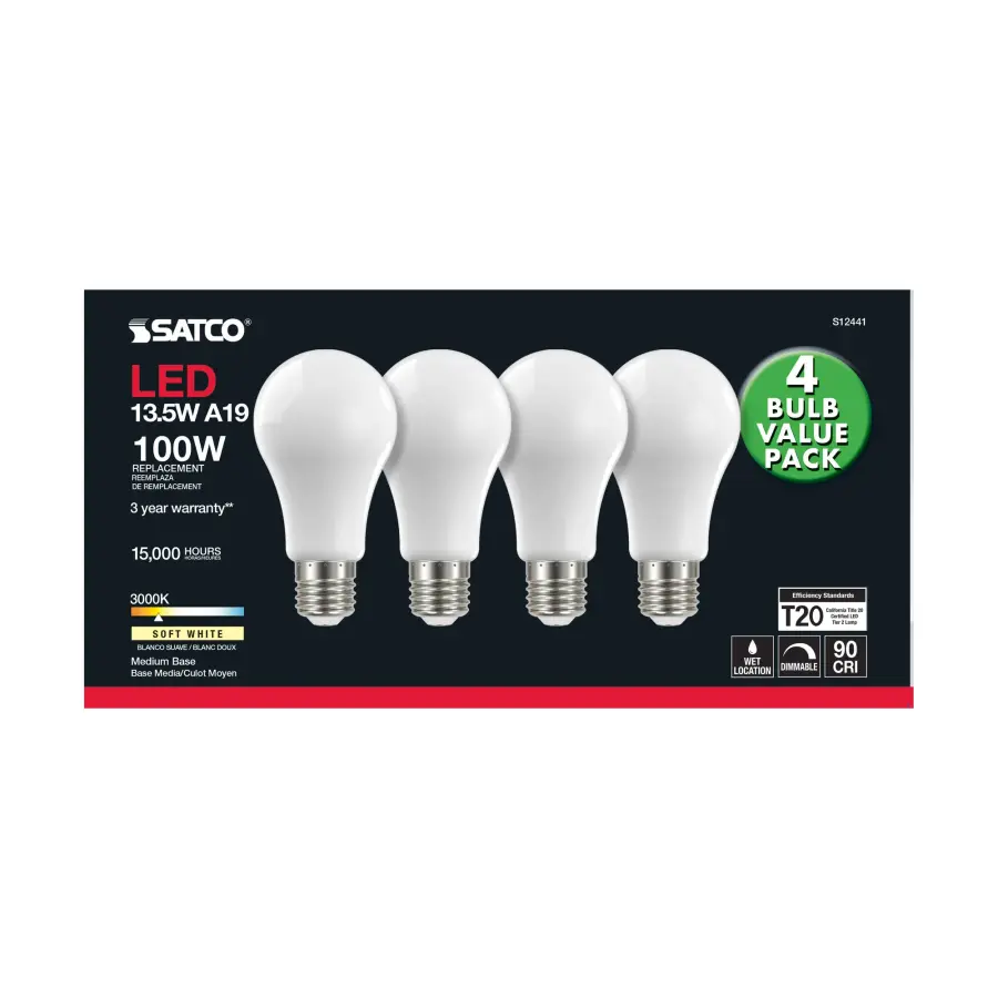 13.5 Watt A19 LED Filament - 100 Watt Replacement - Soft White - Medium base - 3000K - 120 Volt - 4-Pack - Image 4