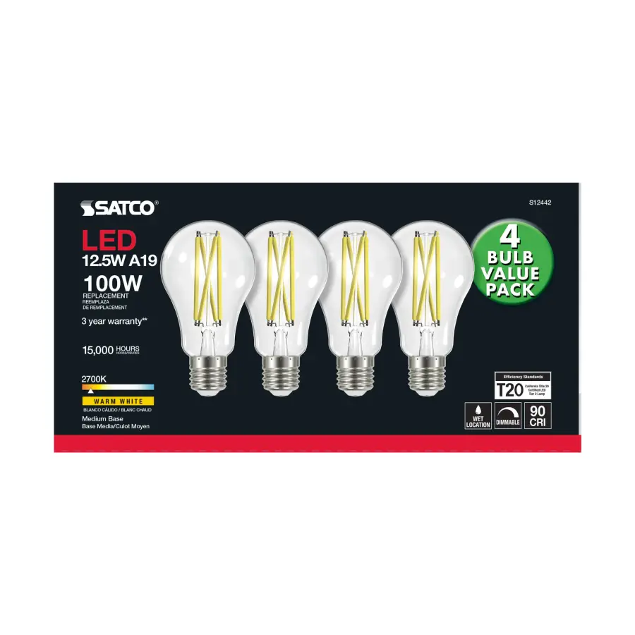12.5 Watt A19 LED Filament - 100 Watt Replacement - Clear - Medium base - 2700K - 120 Volt - 4-Pack - Image 4