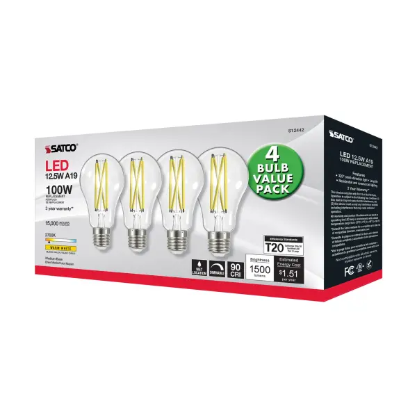 12.5 Watt A19 LED Filament - 100 Watt Replacement - Clear - Medium base - 2700K - 120 Volt - 4-Pack - Image 7
