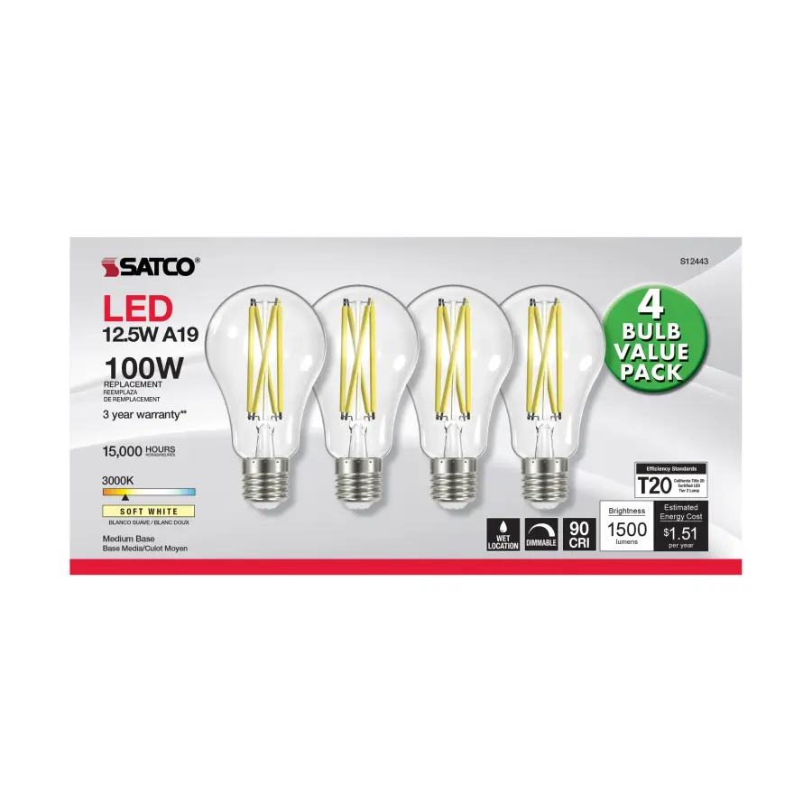 12.5 Watt A19 LED Filament - 100 Watt Replacement - Clear - Medium base - 3000K - 120 Volt - 4-Pack - Image 3
