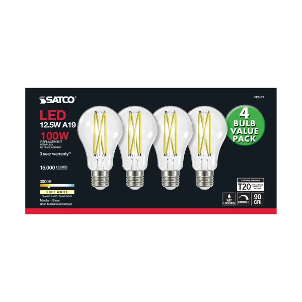 12.5 Watt A19 LED Filament - 100 Watt Replacement - Clear - Medium base - 3000K - 120 Volt - 4-Pack - Image 4