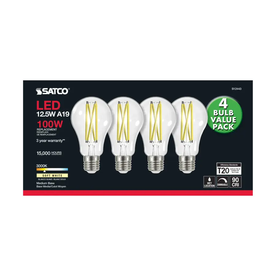 12.5 Watt A19 LED Filament - 100 Watt Replacement - Clear - Medium base - 3000K - 120 Volt - 4-Pack - Image 4