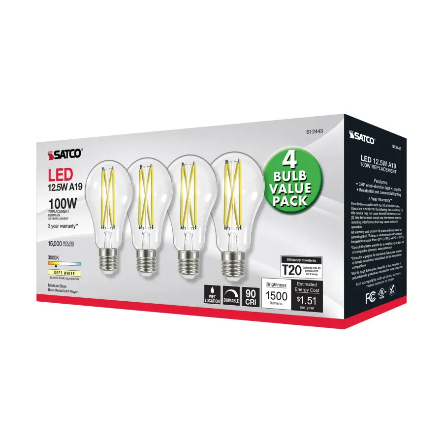 12.5 Watt A19 LED Filament - 100 Watt Replacement - Clear - Medium base - 3000K - 120 Volt - 4-Pack - Image 7