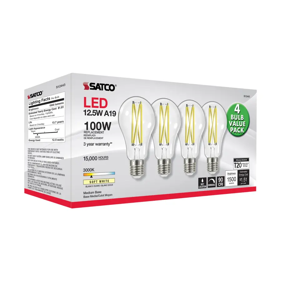 12.5 Watt A19 LED Filament - 100 Watt Replacement - Clear - Medium base - 3000K - 120 Volt - 4-Pack - Image 8